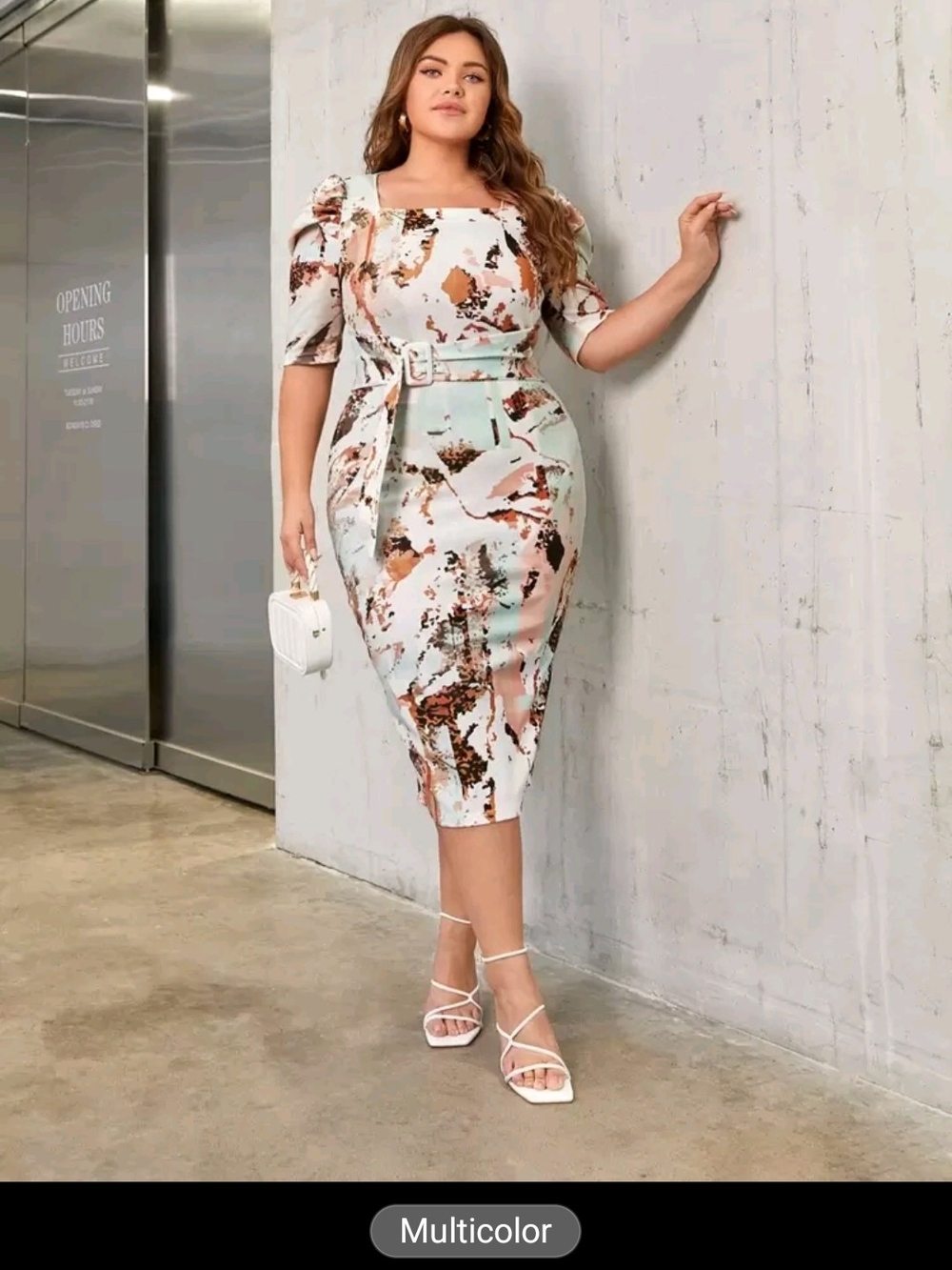 Multicolor Belted Sheath Dress with Puff Sleeve